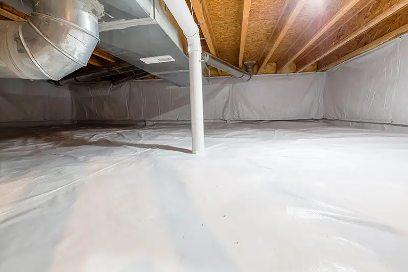 A crawl space fully encapsulated with thermoregulatory blankets and dimple board