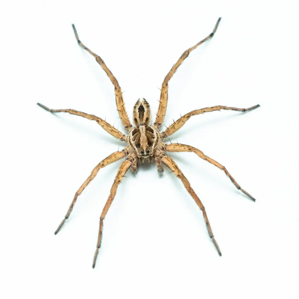 closeup of a wolf spider on a white background