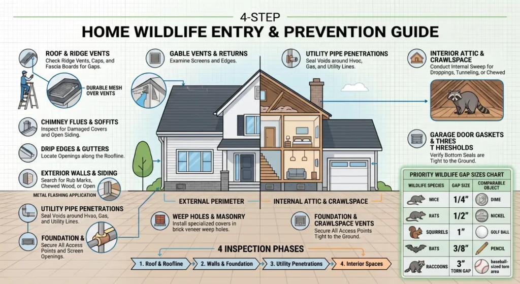 Infographic showing areas of a home that should be inspected during a wildlife exclusion assessment