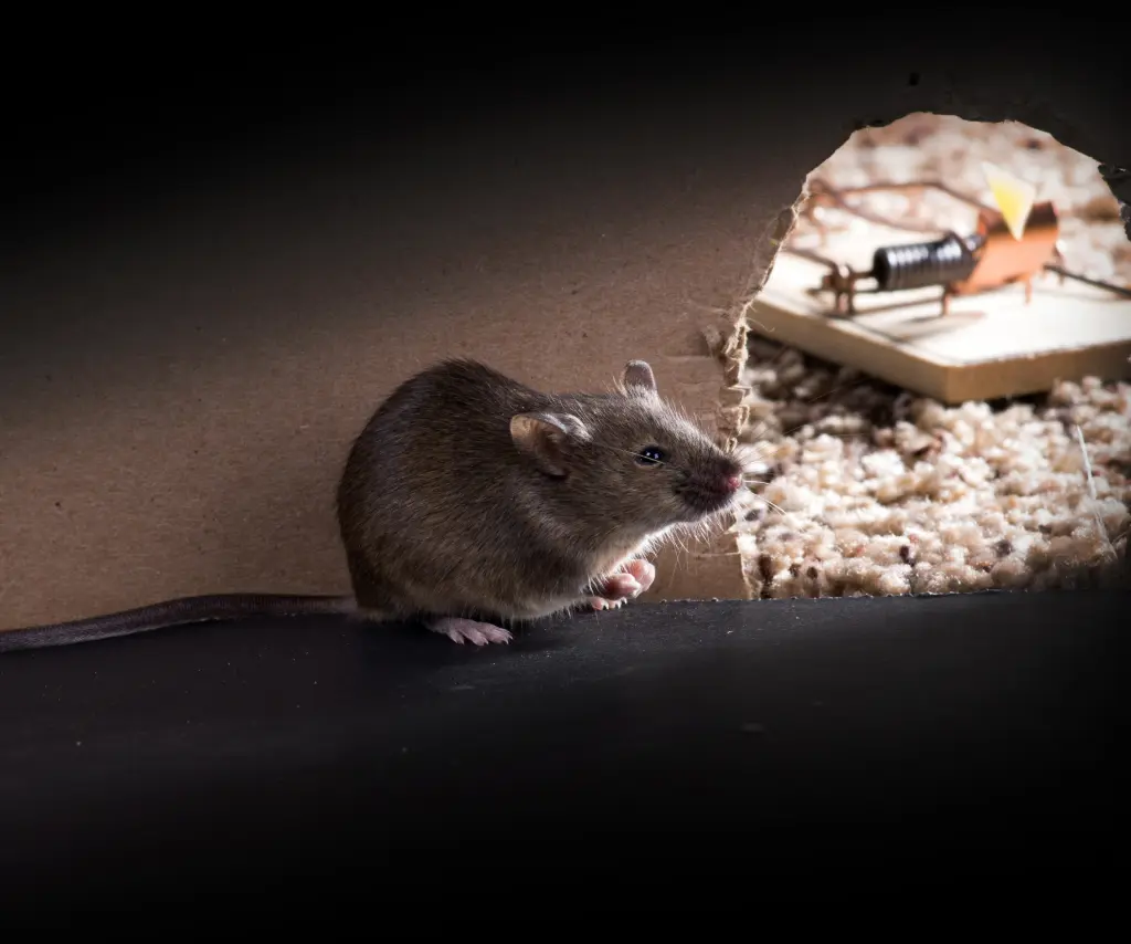 A mouse in the wall of a home with a trap outside