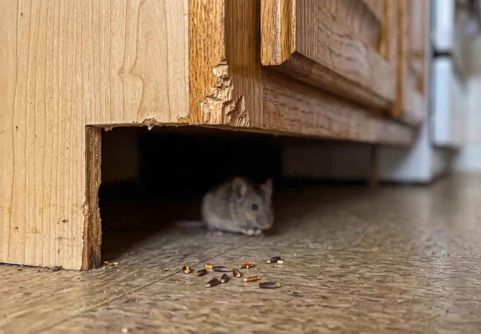 Small house mouse under a kitchen cabinet. Call or contact Rocket Pest Control for rodent extermination, control, and removal services.
