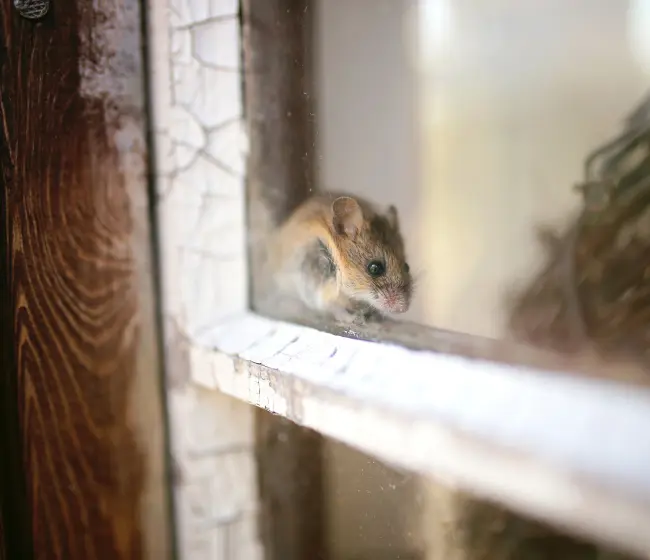 A small house mouse in a window. Call or contact Rocket Pest Control if you need help getting rid of rodents for good.